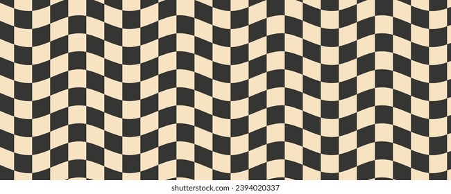 Checkerboard wavy pattern. Abstract chess square print. Black and pastel color psychedelic optical illusion. Warped flag with geometric graphic. Y2k design for banner.