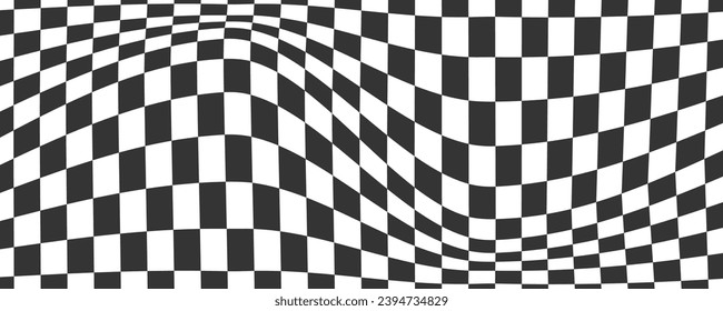 Checkerboard wavy pattern. Abstract chess square print. Black and white psychedelic optical illusion. Warped flag with geometric graphic. Y2k design for banner.