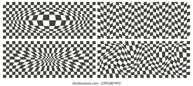 Checkerboard wavy pattern. Abstract chess square print. Black and white psychedelic optical illusion. Warped flag with geometric graphic. Y2k design for banner.
