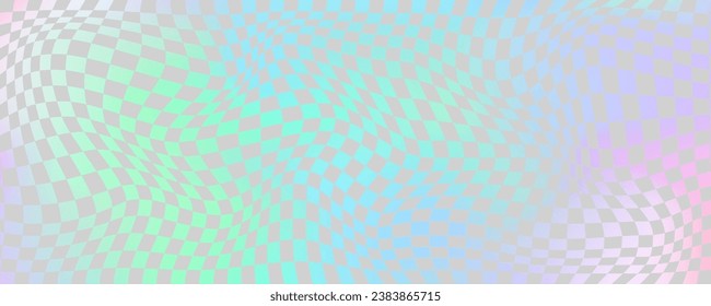 Checkerboard wavy pattern. Abstract holographic chessboard vector print. Y2k psychedelic optical foil grid. Swirl rainbow geometric retro design.