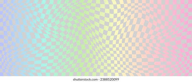 Checkerboard wavy pattern. Abstract holographic chessboard vector print. Y2k psychedelic optical foil grid. Swirl rainbow geometric retro design.