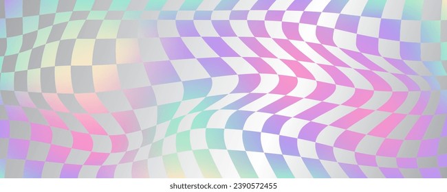 Checkerboard wavy pattern. Abstract holographic chessboard vector print. Y2k psychedelic optical foil grid. Swirl rainbow geometric retro design.
