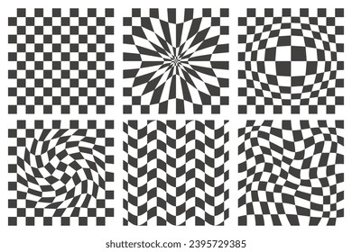 Checkerboard wavy patterns. Abstract chess square print. Black and white psychedelic optical illusion. Warped flag with geometric graphic. Y2k design for banner.