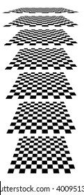 Checkerboards, chessboards, checkered planes in different perspective. Tilted, vanishing empty marble, pepita floors