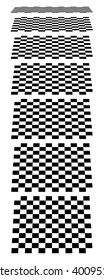 Checkerboards, chessboards, checkered planes in different perspective. Tilted, vanishing empty marble, pepita floors