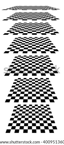 Checkerboards, chessboards, checkered planes in different perspective. Tilted, vanishing empty marble, pepita floors