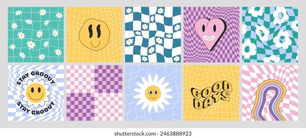 Checkerboards with distorted grid tile. Checkered seamless y2k pattern with optical illusion effect. Square backgrounds with rainbow, funny daisy flower, groovy heart, smile face in psychedelic style.