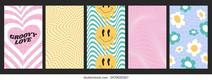 Checkerboards set with distorted grid tile. Checkered seamless twisted pattern in psychedelic y2k style. Warped chessboards, vertical posters with groovy flowers, happy dripping smile face, pink heart