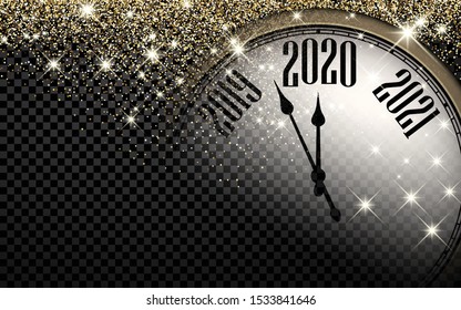 Checkered 2020 New Year shining background with clock. Vector illustration.