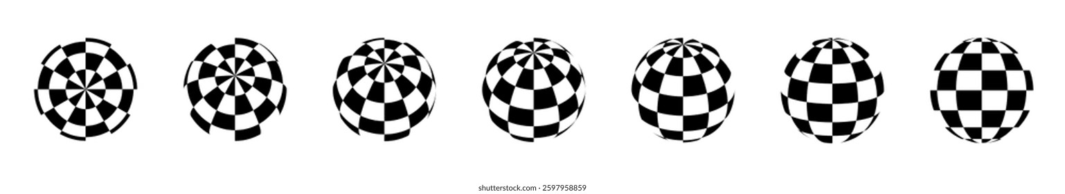 Checkered 3d globe. Abstract chess spheres. Brutalist Y2K geometric shapes elements. Black and white checkered texture on dynamic circle forms. Chess cells. Vector pattern set.