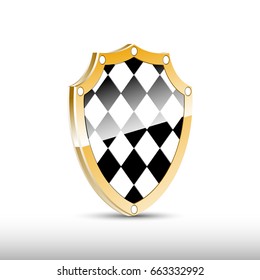 Checkered 3d shield with golden frame. Web sign of computer program, Taxi service, racing emblem, safety badge.
