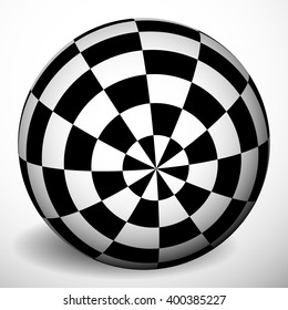 Checkered 3d sphere with shading and shadow. Orb, ball squares texture. Spatial globe isolated on white