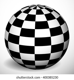 Checkered 3d sphere with shading and shadow. Orb, ball squares texture. Spatial globe isolated on white