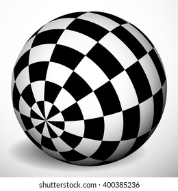 Checkered 3d sphere with shading and shadow. Orb, ball squares texture. Spatial globe isolated on white