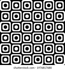 Checkered 6x6 board. Vector black and white same shapes. Checkers pattern with dots in center of cells.