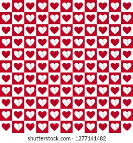 Checkered abstract background  with hearts. Valentine's day design. Abstract vector hearts pattern. Red and white hearts with shadow