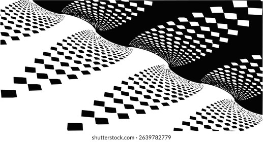 Checkered abstract black and white wave pattern with 3D depth and illusion motion effect. Vector EPS.
