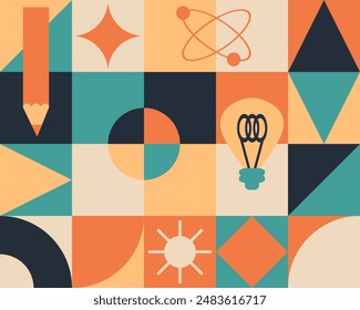 Checkered abstract horizontal pattern with atomic nucleus fission concept. Perfect science print to sticker, banner, T-shirt, card. Hand drawn illustration.