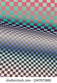 Checkered backdrop. 3d, three dimensional pattern. Colorful vector background. Folded surface, wave. Purple, pink, turquoise.