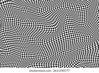 Checkered background. Chessboard distorted surface. Abstract banner with distortion effect. Black and white background, checkered pattern. Vector illustration.