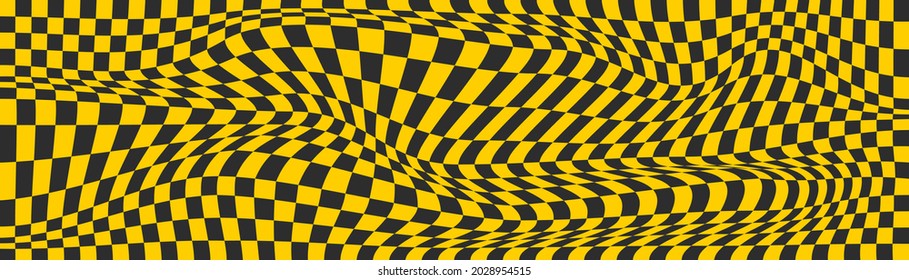 Checkered background with distorted squares. Abstract banner with distortion. Chess pattern. Chessboard surface.