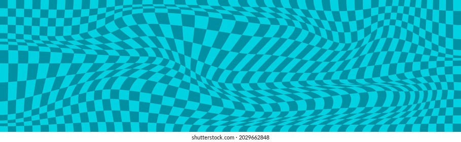 Checkered background with distorted squares. Abstract banner with distortion. Chess pattern. Chessboard surface.