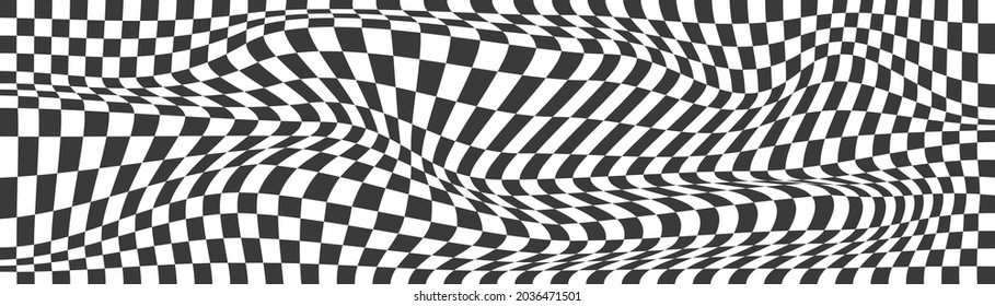 Checkered background with distorted squares. Abstract banner with distortion. Chess pattern. Chessboard surface.