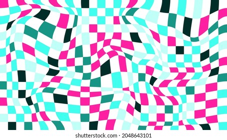 Checkered background with distorted squares. Abstract banner with distortion. Chess pattern. Chessboard surface.