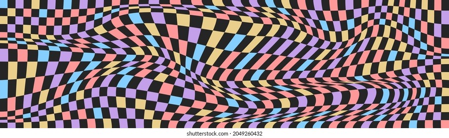 Checkered background with distorted squares. Abstract banner with distortion. Chess pattern. Chessboard surface.