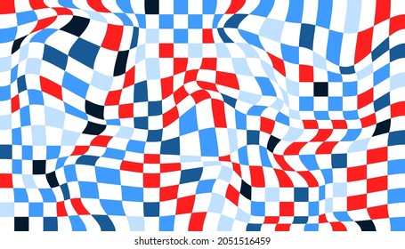 Checkered background with distorted squares. Abstract banner with distortion. Chess pattern. Chessboard surface.