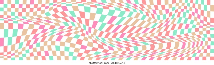 Checkered background with distorted squares. Abstract banner with distortion. Chess pattern. Chessboard surface.