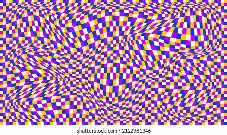 Checkered background with distorted squares. Abstract banner with distortion. Chess pattern. Chessboard surface