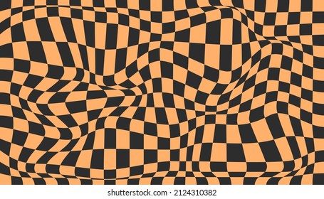 Checkered background with distorted squares. Abstract banner with distortion. Chess pattern. Chessboard surface