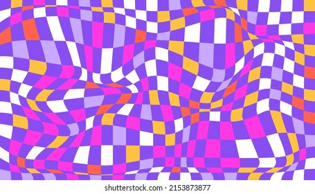 Checkered background with distorted squares. Abstract banner with distortion. Chess pattern. Chessboard surface