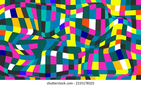 Checkered background with distorted squares. Abstract banner with distortion. Chess pattern. Chessboard surface