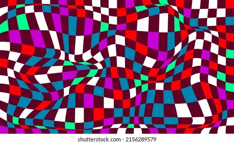 Checkered background with distorted squares. Abstract banner with distortion. Chess pattern. Chessboard surface