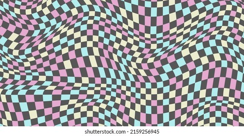 Checkered background with distorted squares. Abstract banner with distortion. Chess pattern. Chessboard surface
