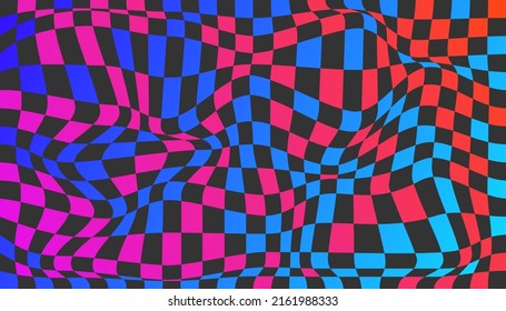 Checkered background with distorted squares. Abstract banner with distortion. Chess pattern. Chessboard surface