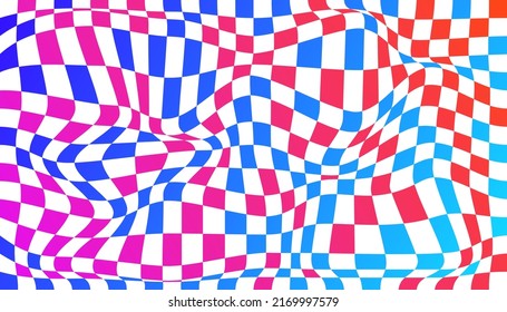 Checkered background with distorted squares. Abstract banner with distortion. Chess pattern. Chessboard surface