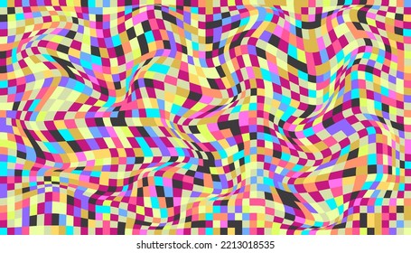 Checkered background with distorted squares. Abstract banner with distortion. Chess pattern. Chessboard surface