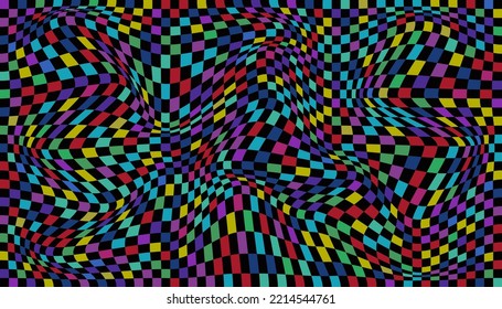 Checkered background with distorted squares. Abstract banner with distortion. Chess pattern. Chessboard surface