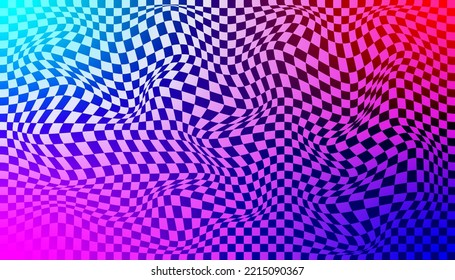 Checkered background with distorted squares. Abstract banner with distortion. Chess pattern. Chessboard surface