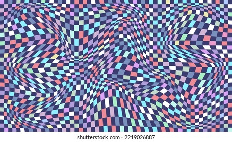Checkered background with distorted squares. Abstract banner with distortion. Chess pattern. Chessboard surface