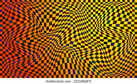 Checkered background with distorted squares. Abstract banner with distortion. Chess pattern. Chessboard surface