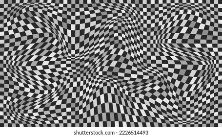 Checkered background with distorted squares. Abstract banner with distortion. Chess pattern. Chessboard surface