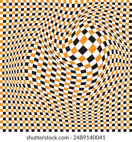 Checkered background with distorted squares. Abstract banner with distortion. Chess pattern. Vector illustration. 11:11