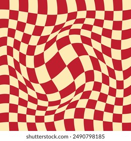 Checkered background with distorted squares. Abstract banner with distortion. Wavy groovy chessboard surface. Trippy twisted geometric pattern. Abstract vector backdrop. Retro psychedelic checkered. 