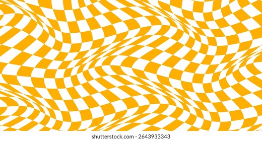 Checkered background with distorted squares. Abstract banner with distortion. Chess pattern. Chessboard surface.