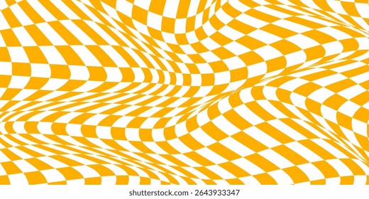 Checkered background with distorted squares. Abstract banner with distortion. Chess pattern. Chessboard surface.