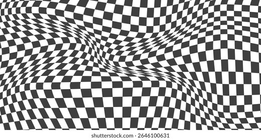 Checkered background with distorted squares. Abstract banner with distortion. Chess pattern. Chessboard surface